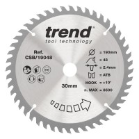 Trend Wood Circular Saw Blade - 190mm dia x 2.4 kerf x 30 bore 48T