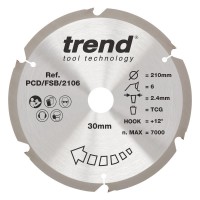 Trend PCD Fibre Cement Circular Saw Blade - 210mm dia x 2.4 kerf x 30 bore 6T