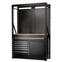 BUNKER 2 Tier Racking with Hardwood Shelving, Pegboards and Floor Cabinet, 1500mm - 28005